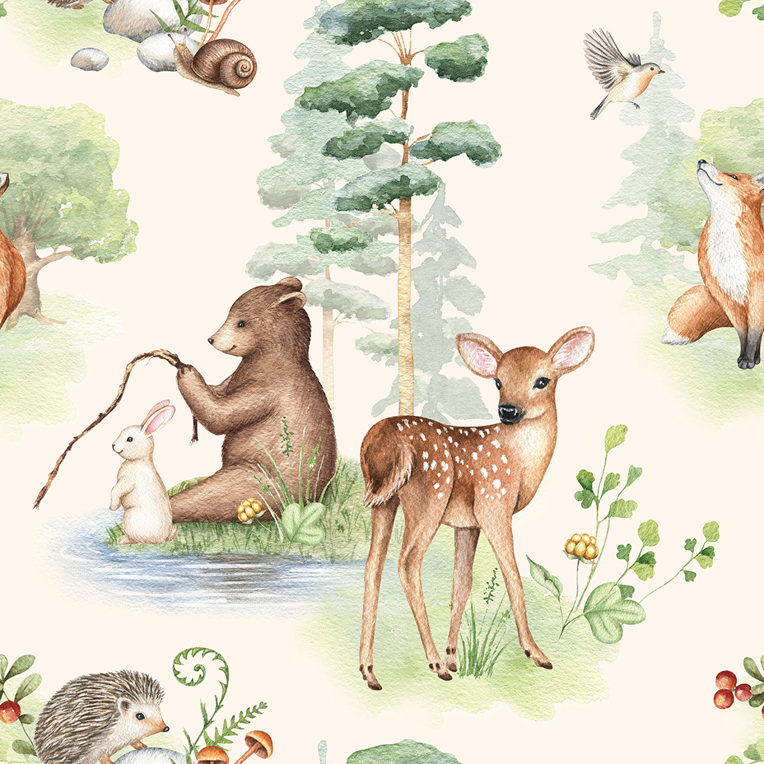 Aquarell,Wald,Tiere,Nahtlos,Muster.,Niedlich,Baby,Hirsch,,Bär,,Hase,