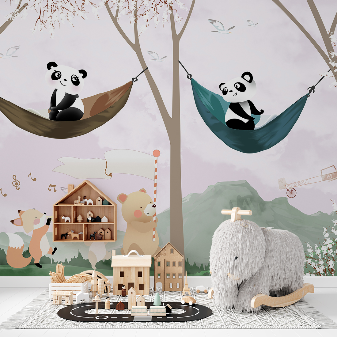 Wandgemälde von Pandas, die zwischen den Bäumen ruhen