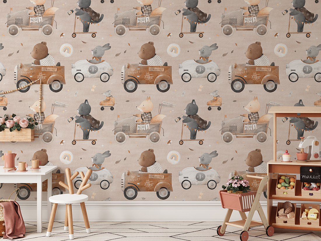 Fototapete mit Tieren in Retro-Autos