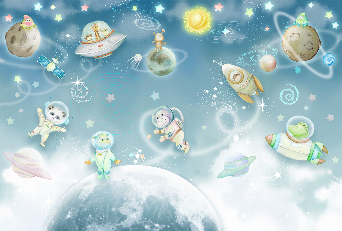 Cosmic,Space,Wallpaper,Mural,,Animals,,Planets,,Astronauts,,Hippo,,Sun,,Galaxy,