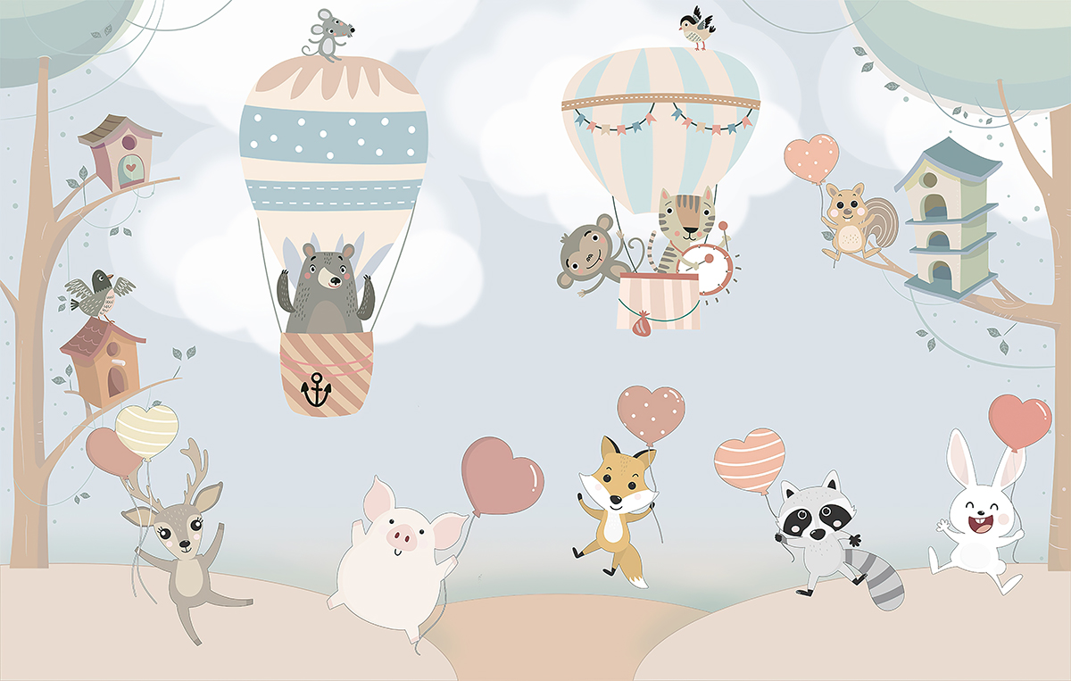 Scandi,Animals,,Hot,Air,Balloons,,Mural,Art,,Background,,Illustration,,Nursery,