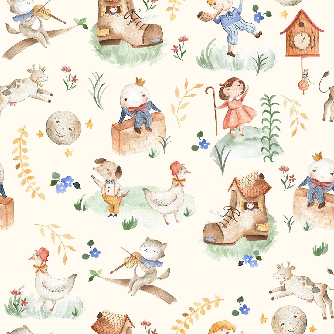 Nursery Rhyme animals watercolor illustration seamless pattern t