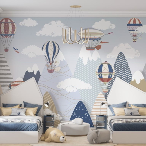 Hintergrundbild Ballons fliegen über Berge für Kinder