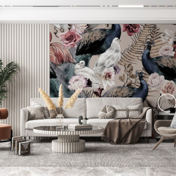 Fototapete Bunte Vögel zwischen Rosenblüten