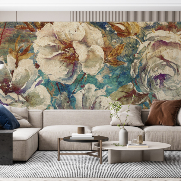 Fototapete Weiße Blumen auf Stoff