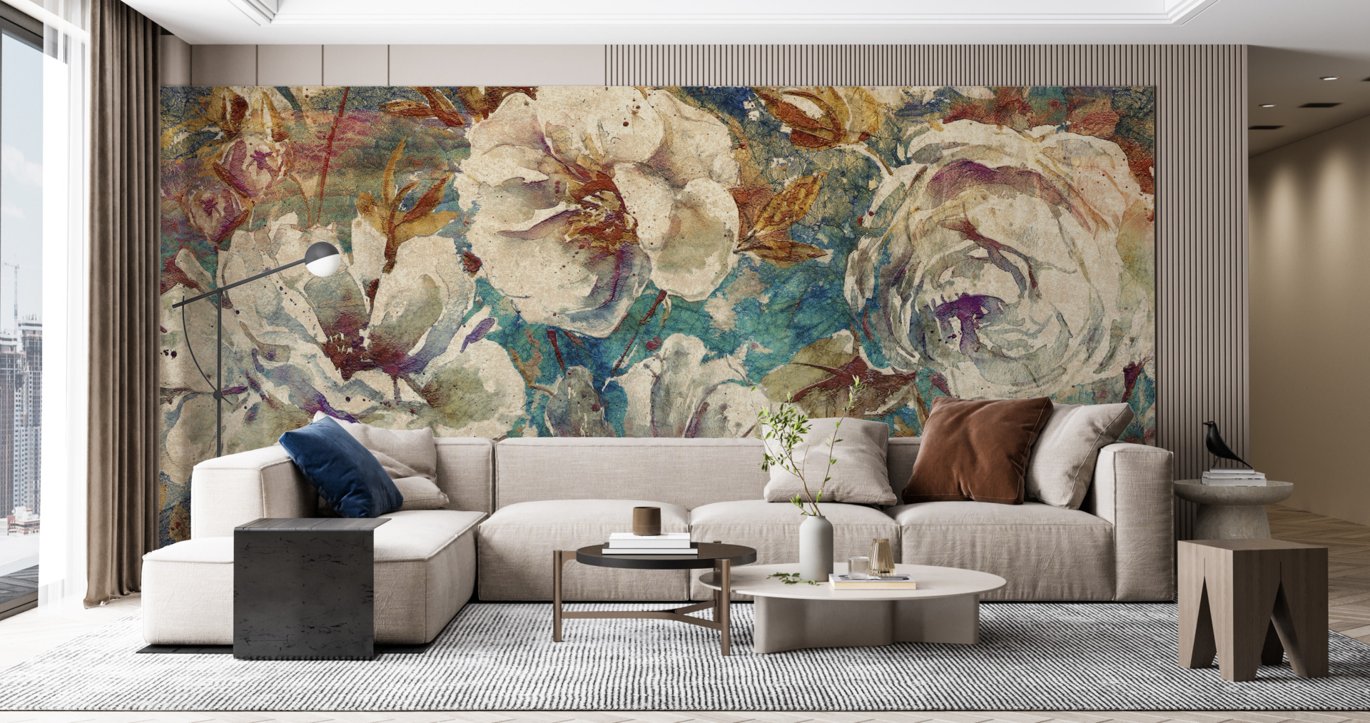 Fototapete Weiße Blumen auf Stoff