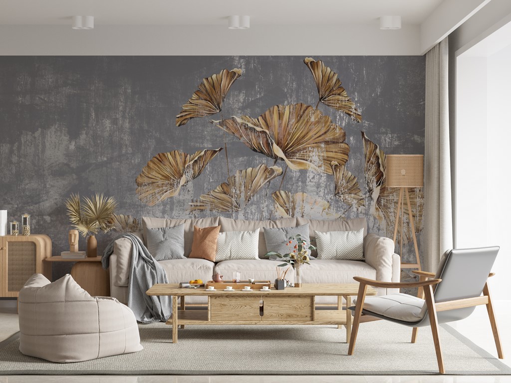 Fototapete Braune Blätter auf blauem Hintergrund