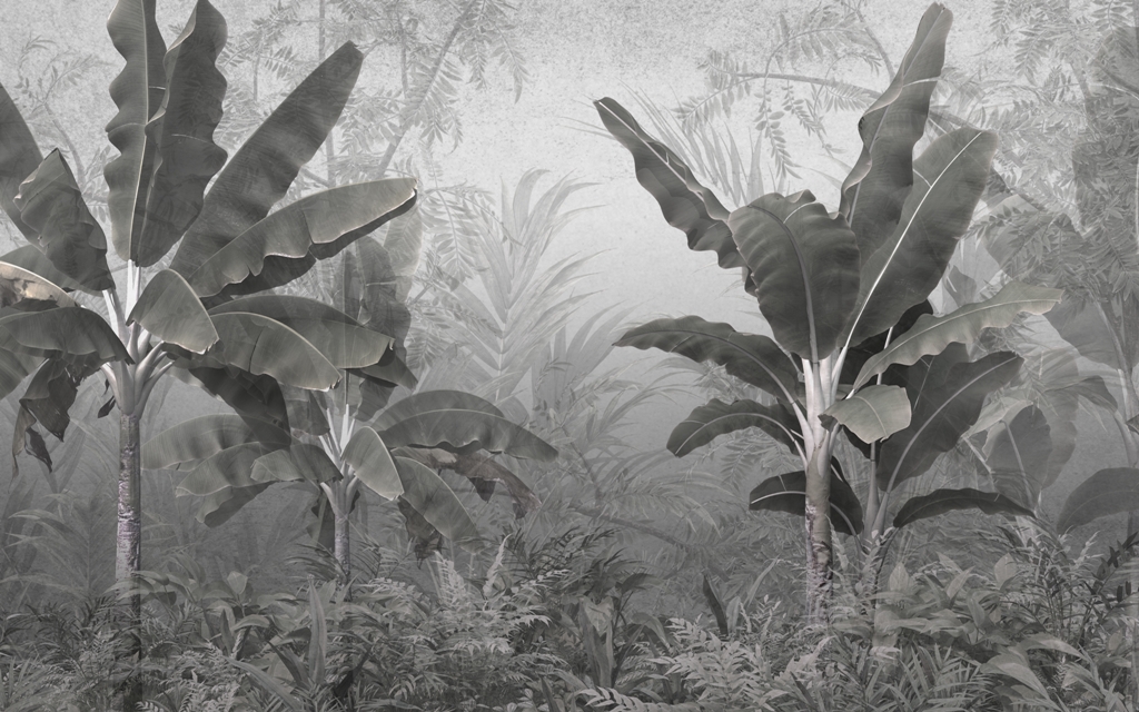 tropical trees and leaves wallpaper design in foggy forest - 3D illustration