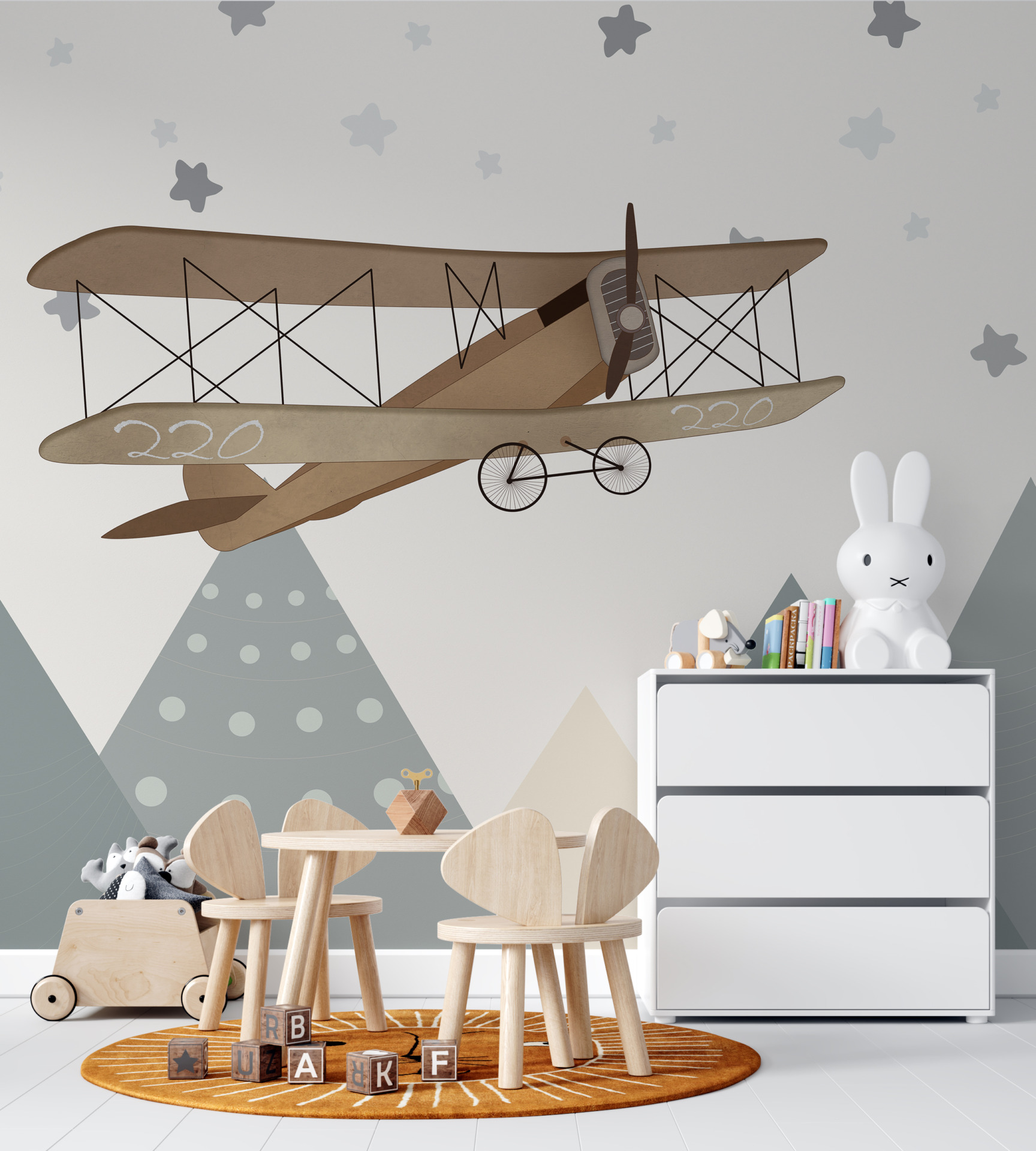 Fototapete Doppeldecker Flugzeug zwischen Bergen