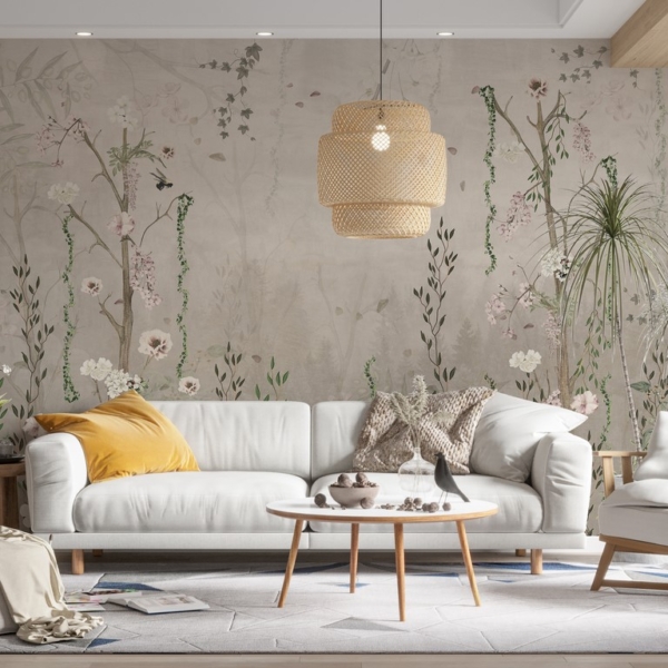 Tapete Petite Helle Blumen und grüne Blätter