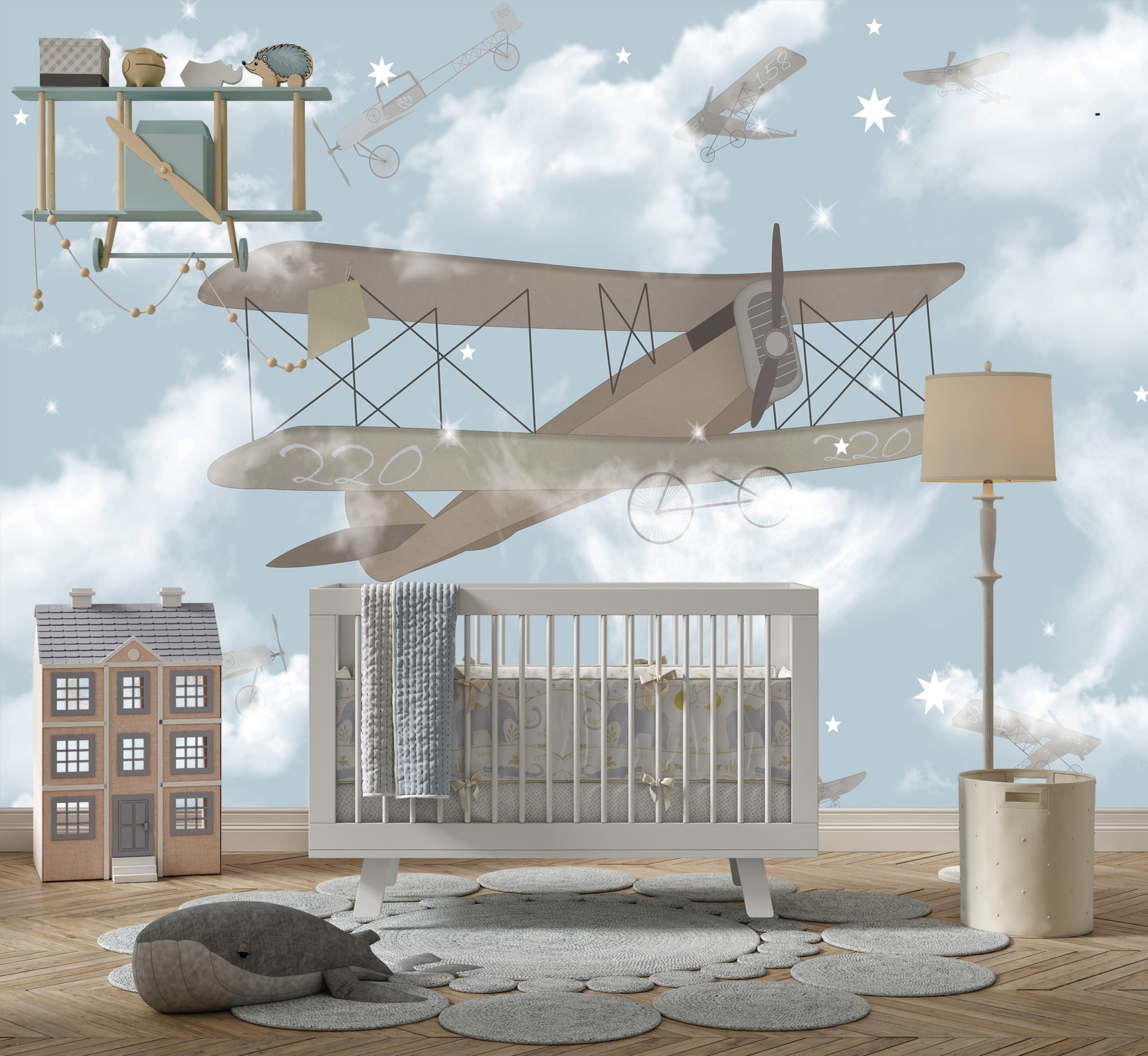 Wandgemälde Doppeldecker Flugzeug im Nebel