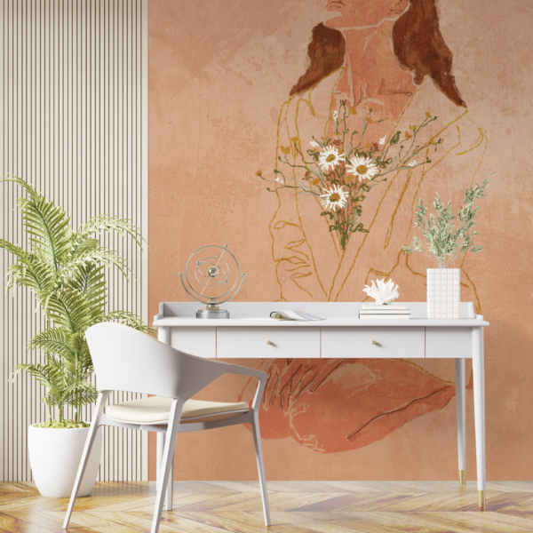 Wandgemälde Mädchen mit einem Blumenstrauß