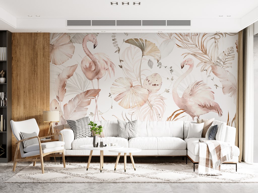 Fototapete Flamingos in rosa Blättern