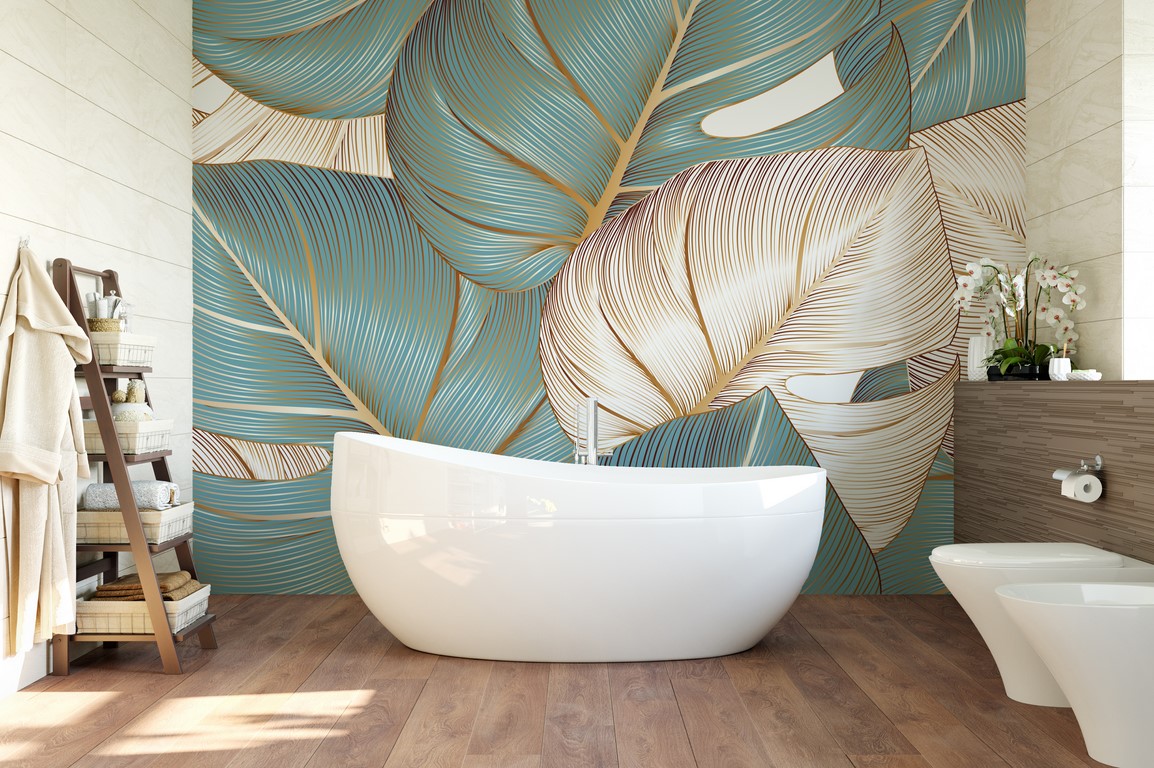 Wandgrafik mit exotischen Blättern