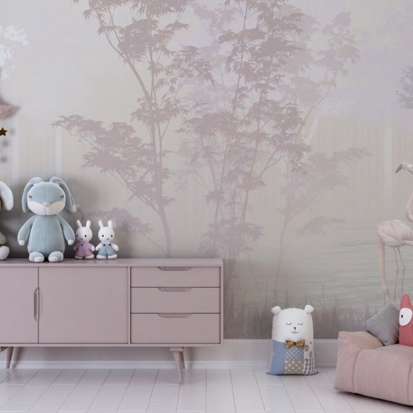 Wandmalerei eines Sees im Nebel