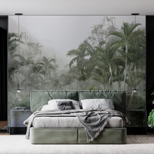 Wandgemälde eines Sees zwischen exotischen Blumen