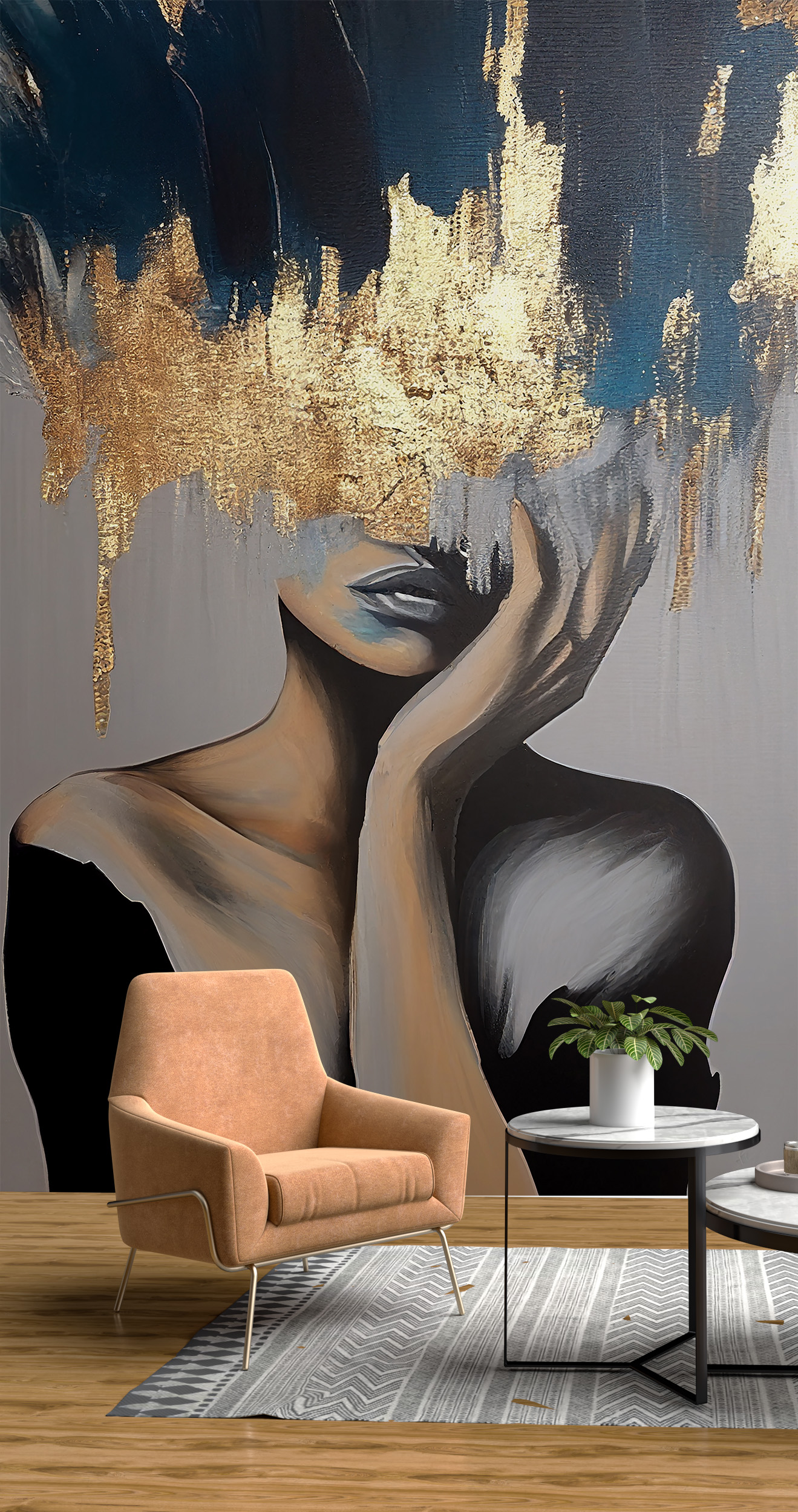 Fototapete einer Frau hinter einem goldenen Vorhang