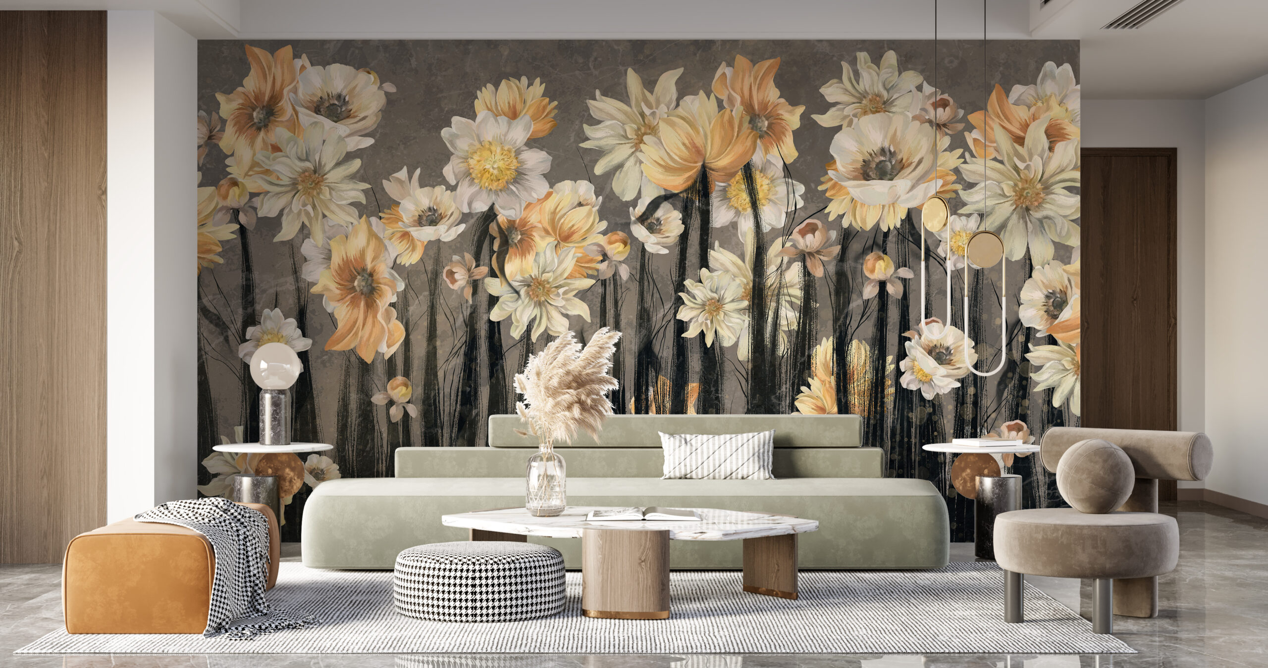 Fototapete Blumen auf schwarzen Stängeln