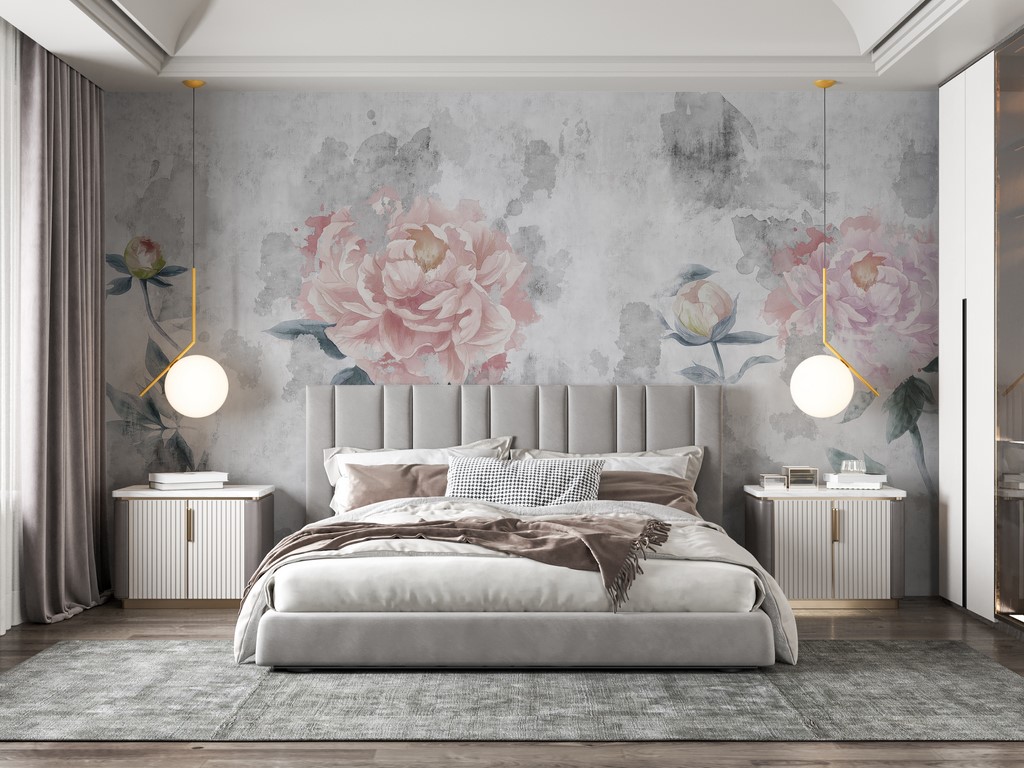 Fototapete Rosa Pfingstrosenblüten auf grauem Hintergrund