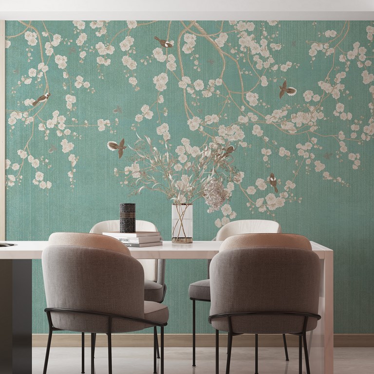 Wandbild Blumen in Weiß auf blauem Hintergrund