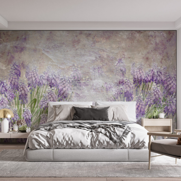 Fototapete einer Wiese mit lila Blumen