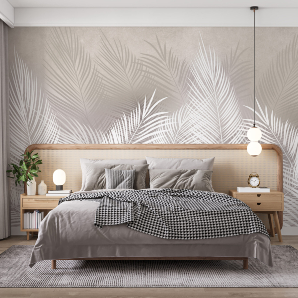 Wandgemälde eines Waldes aus weißen Farnen