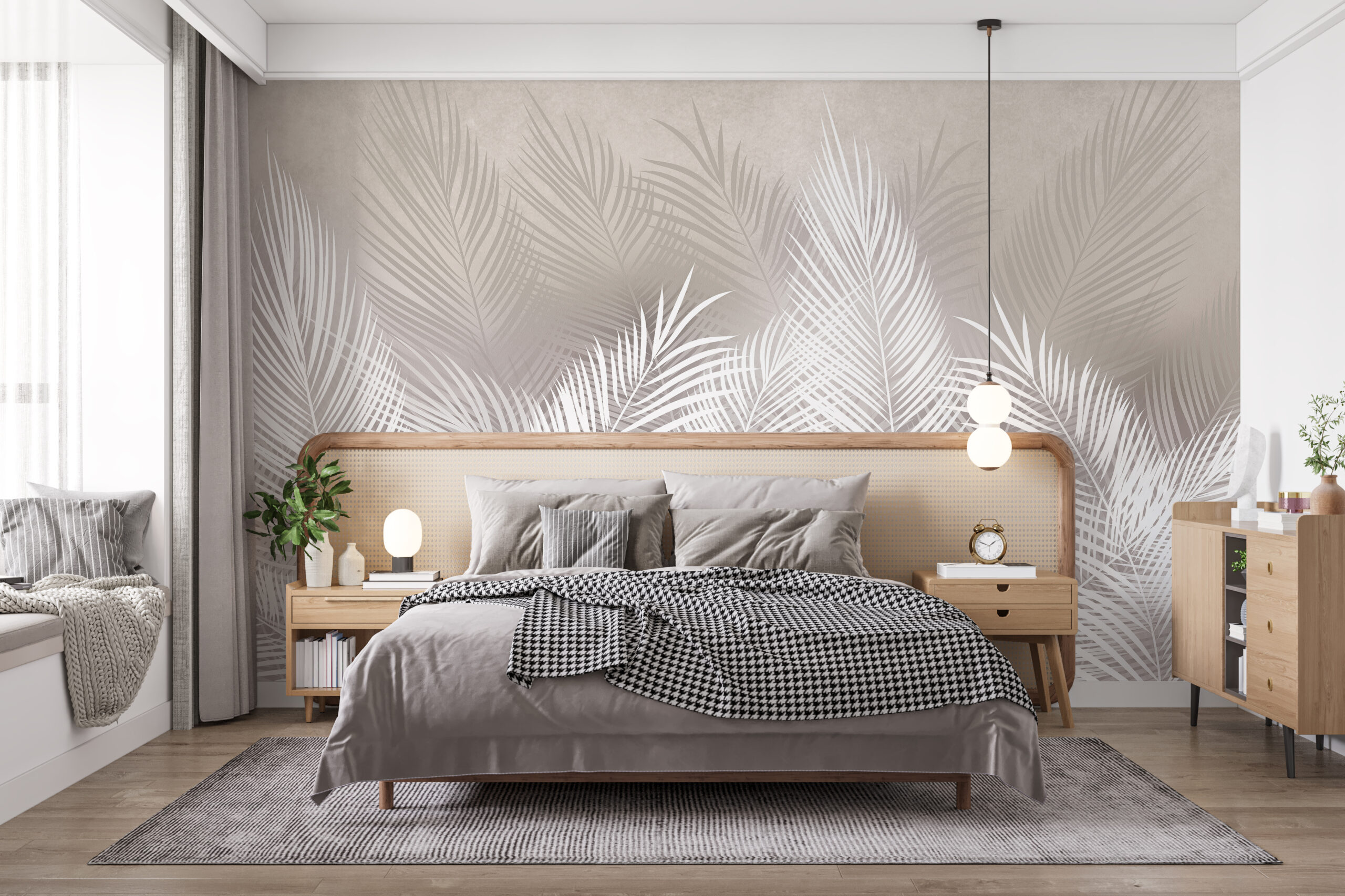 Wandgemälde eines Waldes aus weißen Farnen