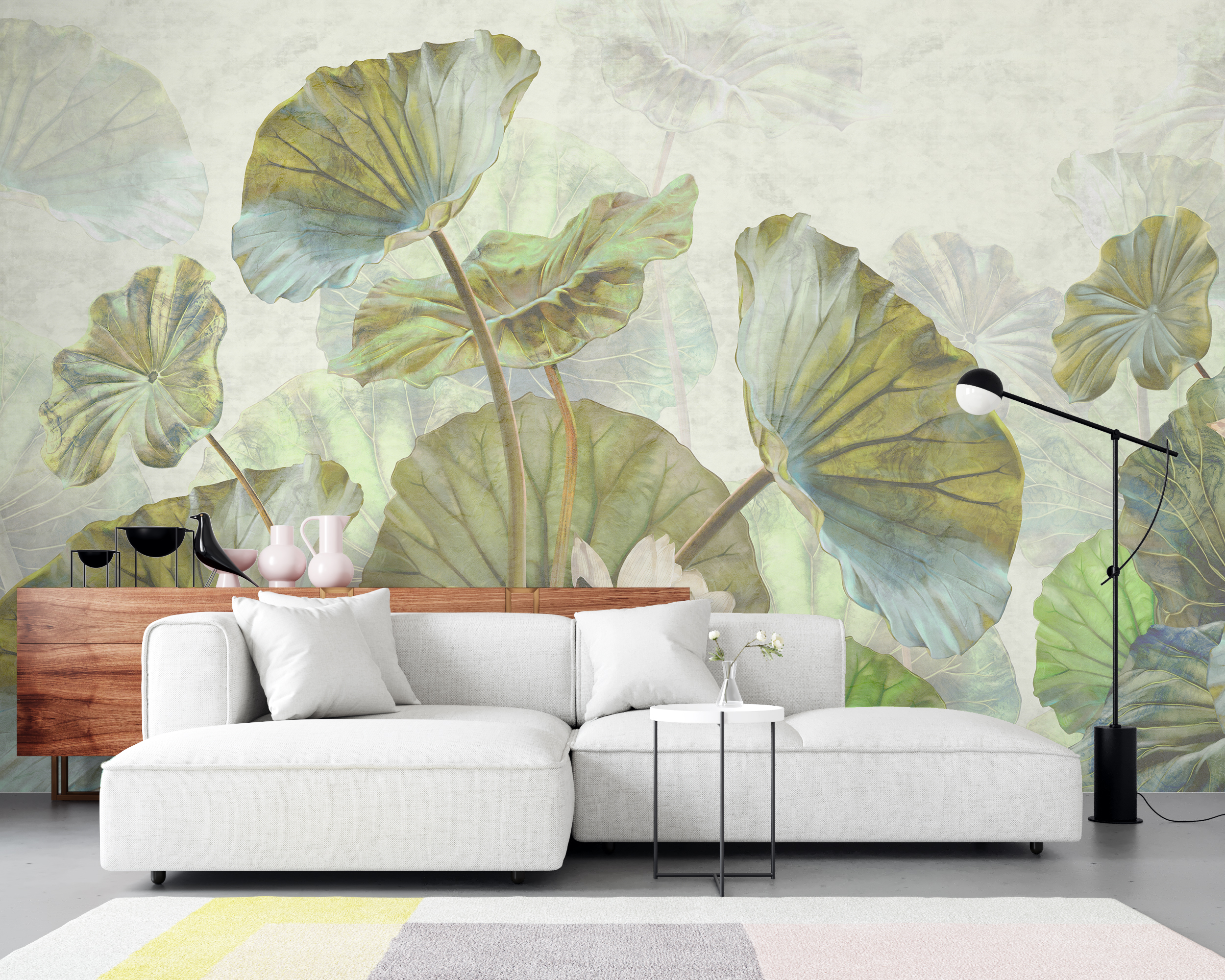 Wandmalerei eines Waldes aus Wasserblättern