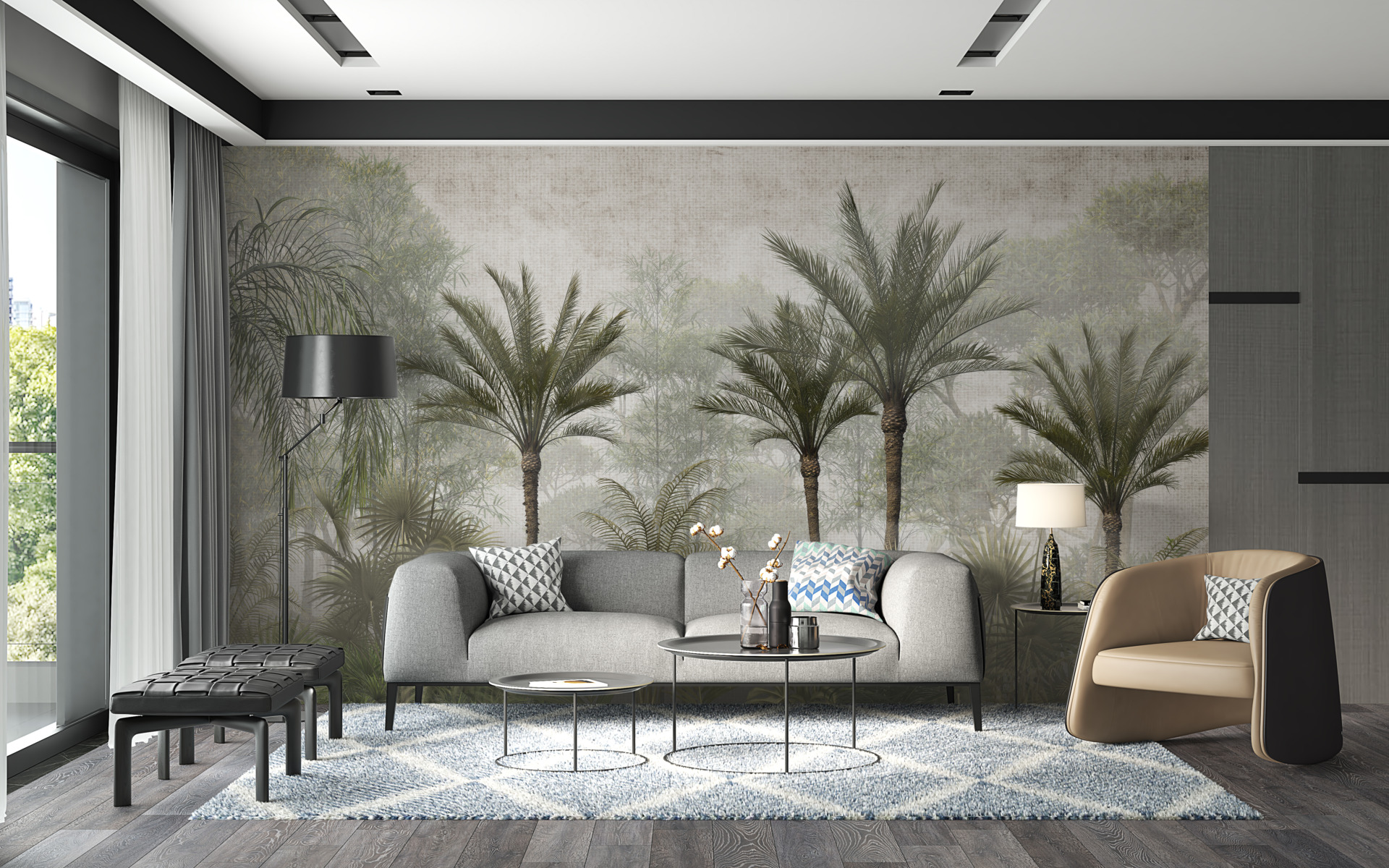 Wandgemälde eines Waldes aus hohen Palmen im Nebel