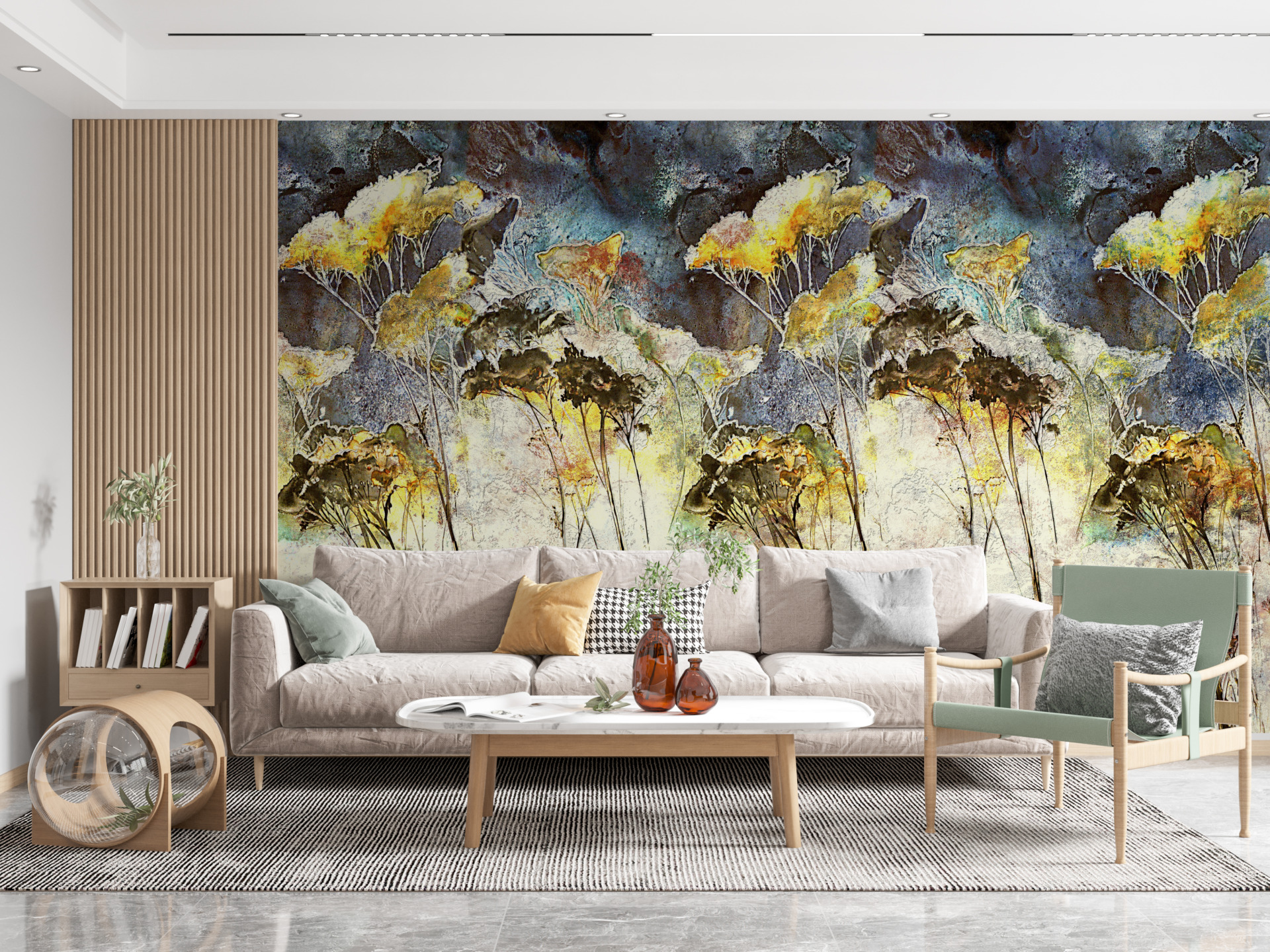 Wandgemälde eines Waldes aus gelben Pflanzen