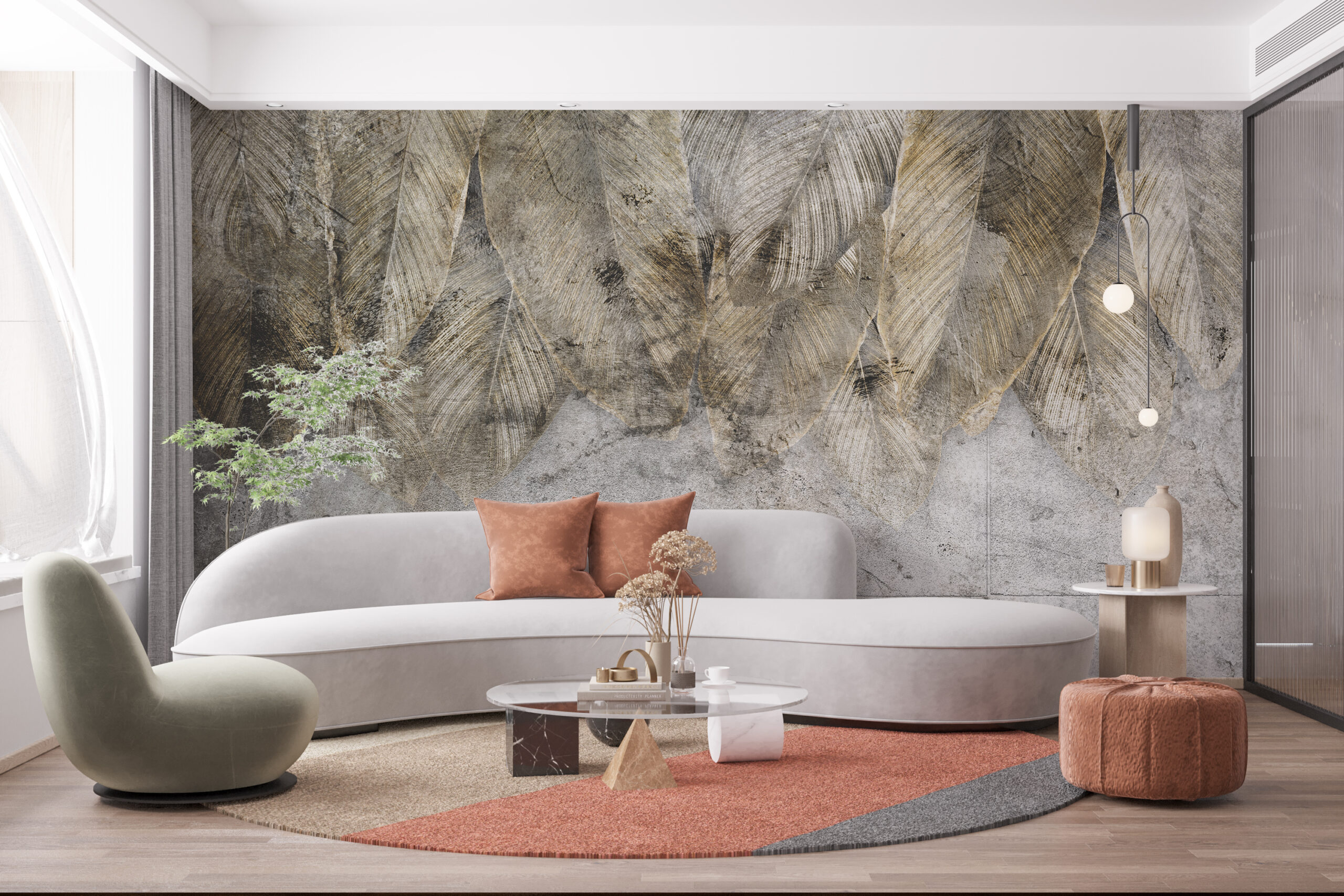 Fototapete mit Blättern auf Kacheln