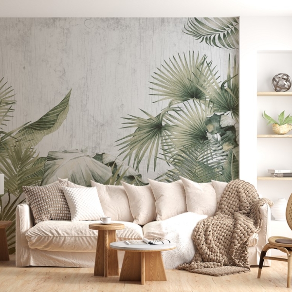 Fototapete Palmblätter auf grauem Hintergrund