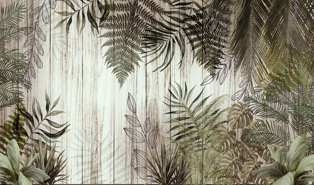 tropical trees and leaves in foggy forest wallpaper design - 3D illustration