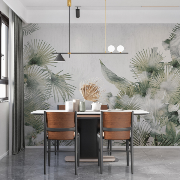 Wandmalerei Blätter in weißem Nebel