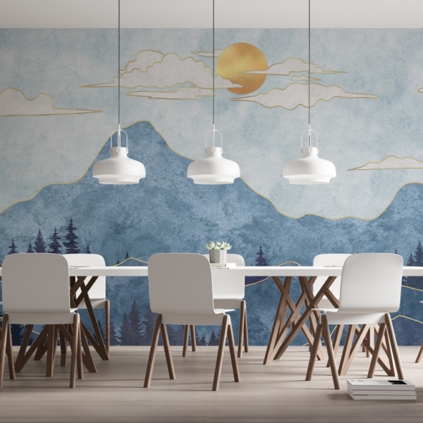 Fototapete Blaue Berge mit Goldfaden