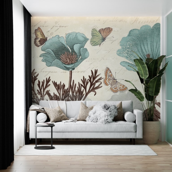 Fototapete Blaue Blumen und Schmetterlinge