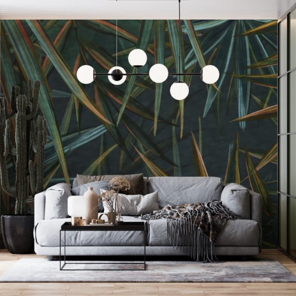 Wandmalerei aus scharfen grünen Blättern