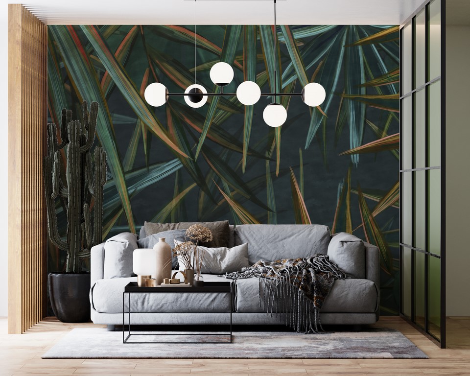 Wandmalerei aus scharfen grünen Blättern