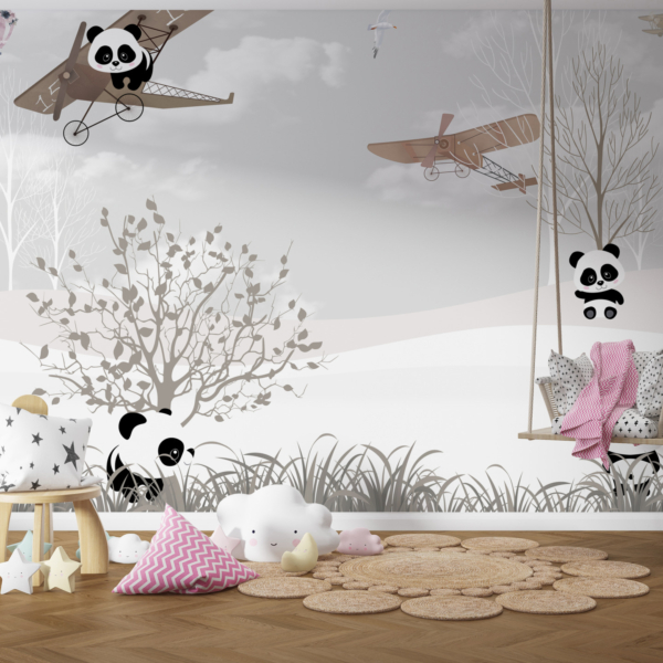 Fototapete mit einem Panda im Flugzeug für Kinder