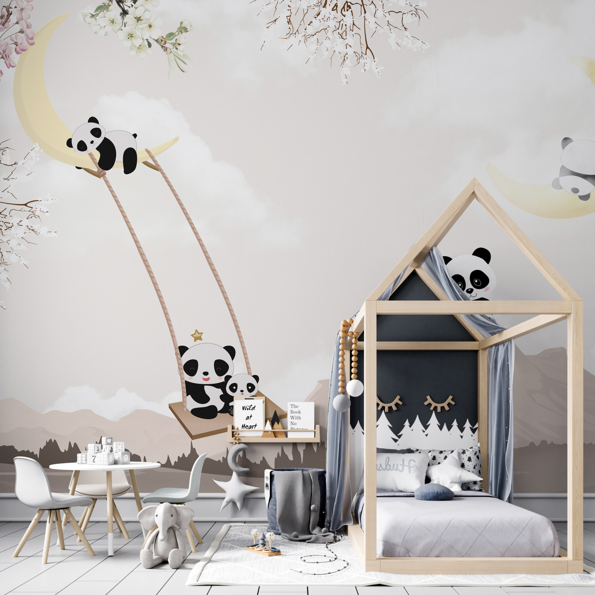 Wandbild Panda auf einer Schaukel