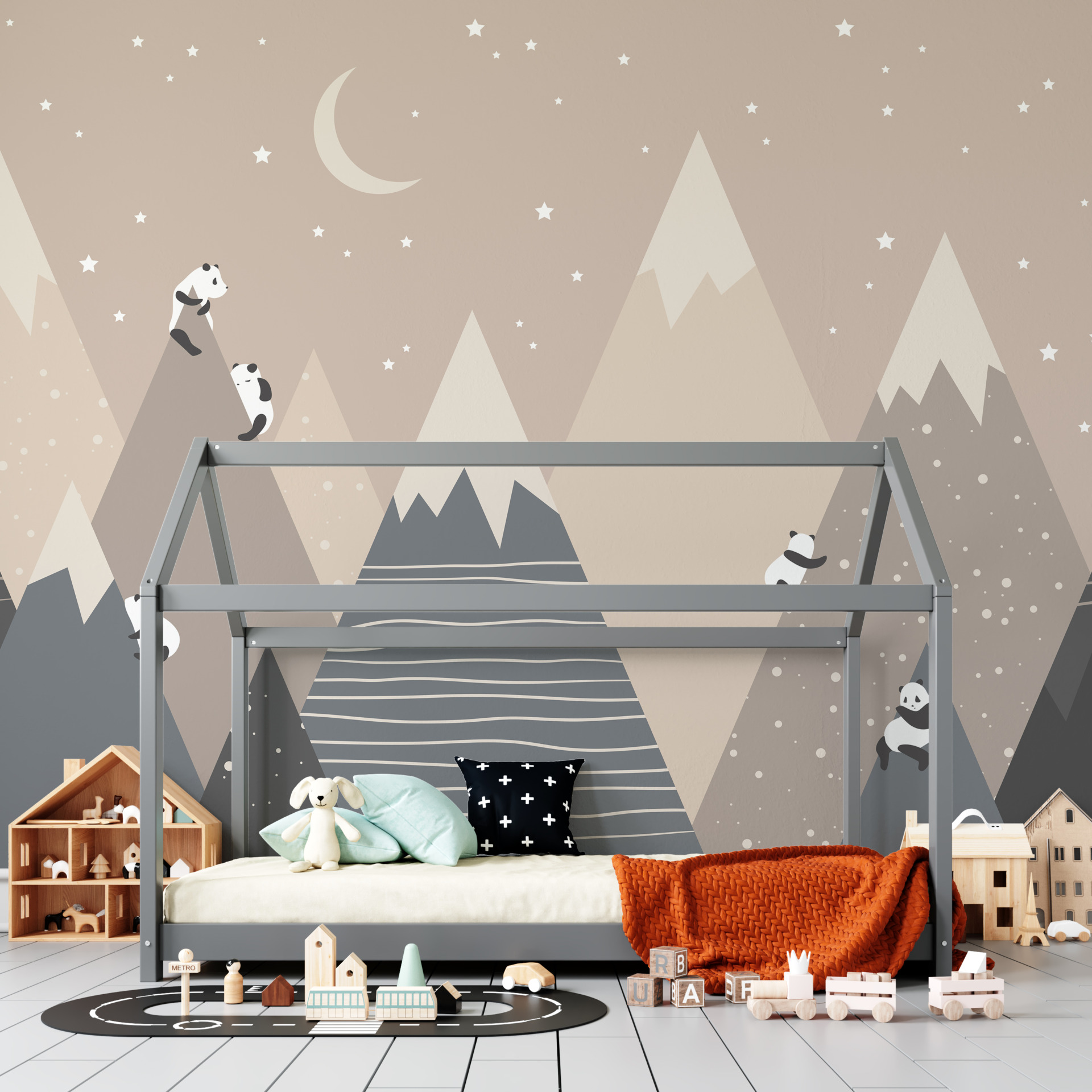 Wandgemälde von Pandas auf Berggipfeln