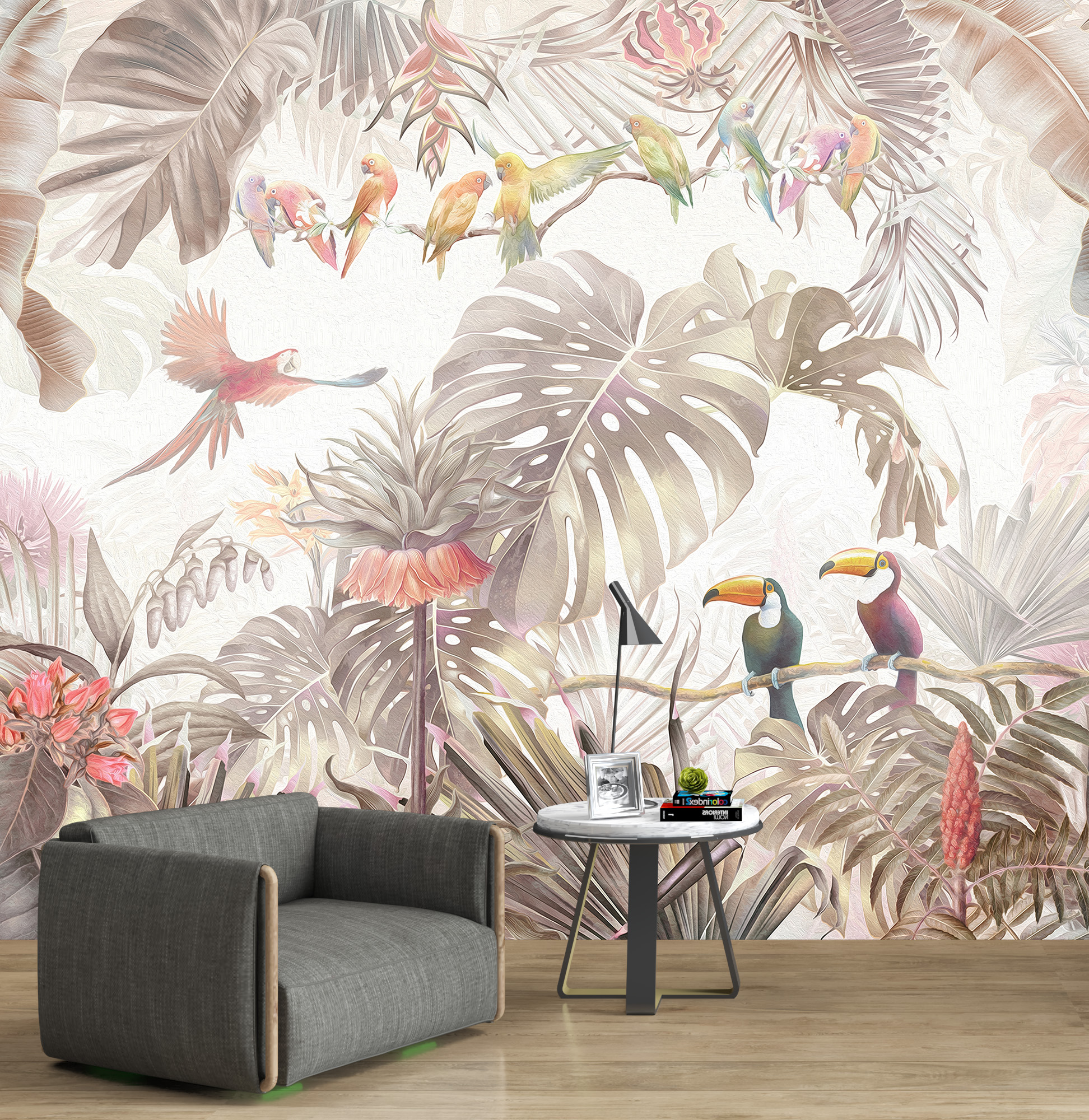 Wandgemälde Papagei und Monstera-Blätter