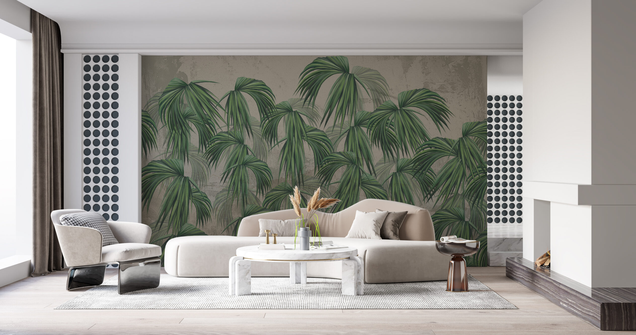 Fototapete mit tropischen Blättern und Regenschirmen