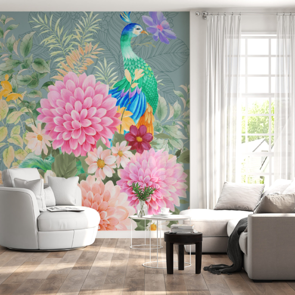 Fototapete Pfau in Blumen