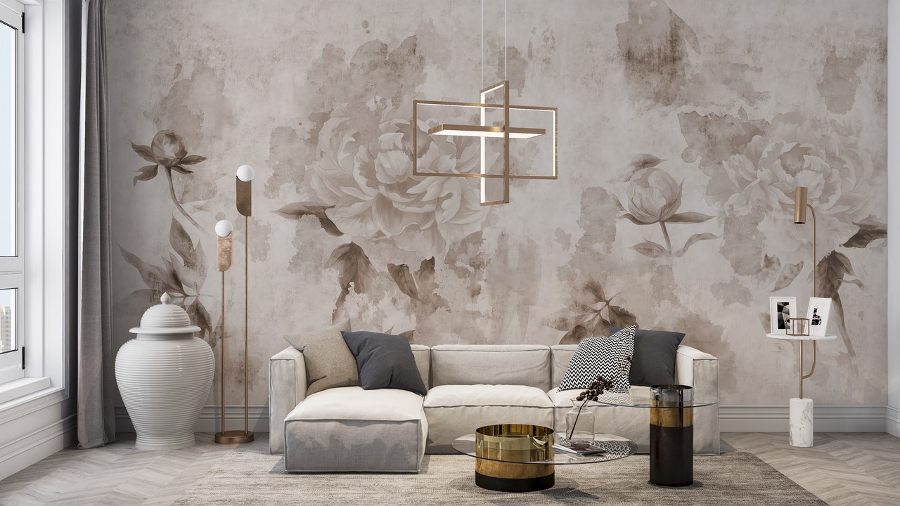 Wandmalerei Pfingstrosen in Sepia