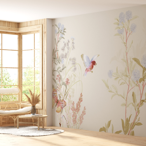 Fototapete Vogel und Schmetterling zwischen Blumen