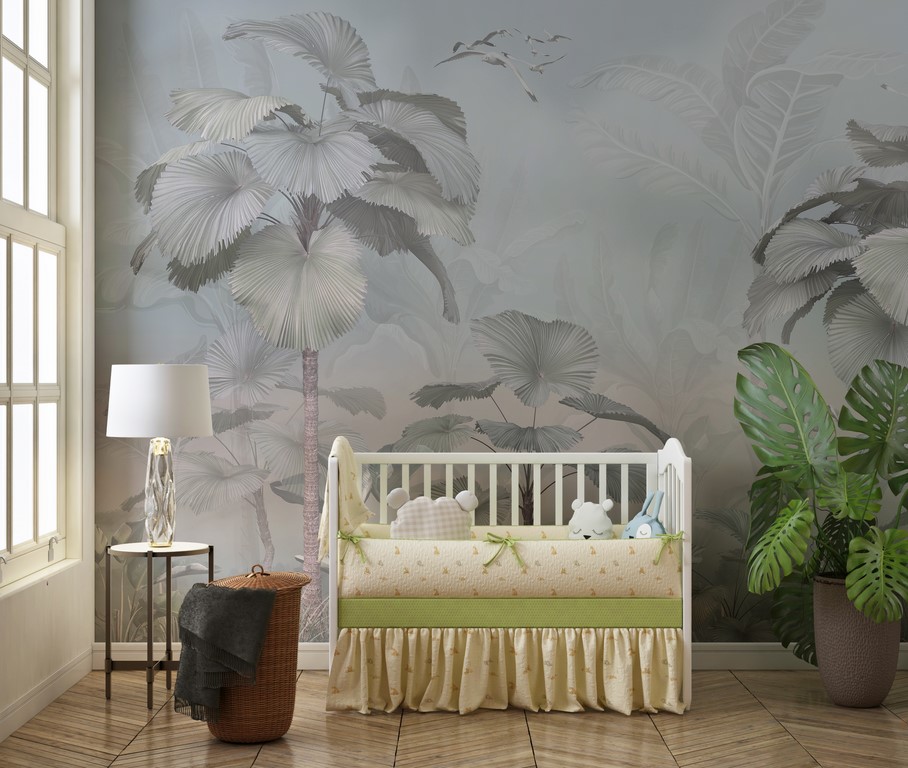 Wandmalerei Vögel unter den Palmwedeln