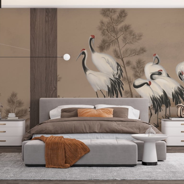 Wandgemälde einer Familie von weißen Kranichen