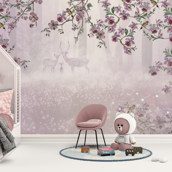 Fototapete einer Hirschfamilie in Lila