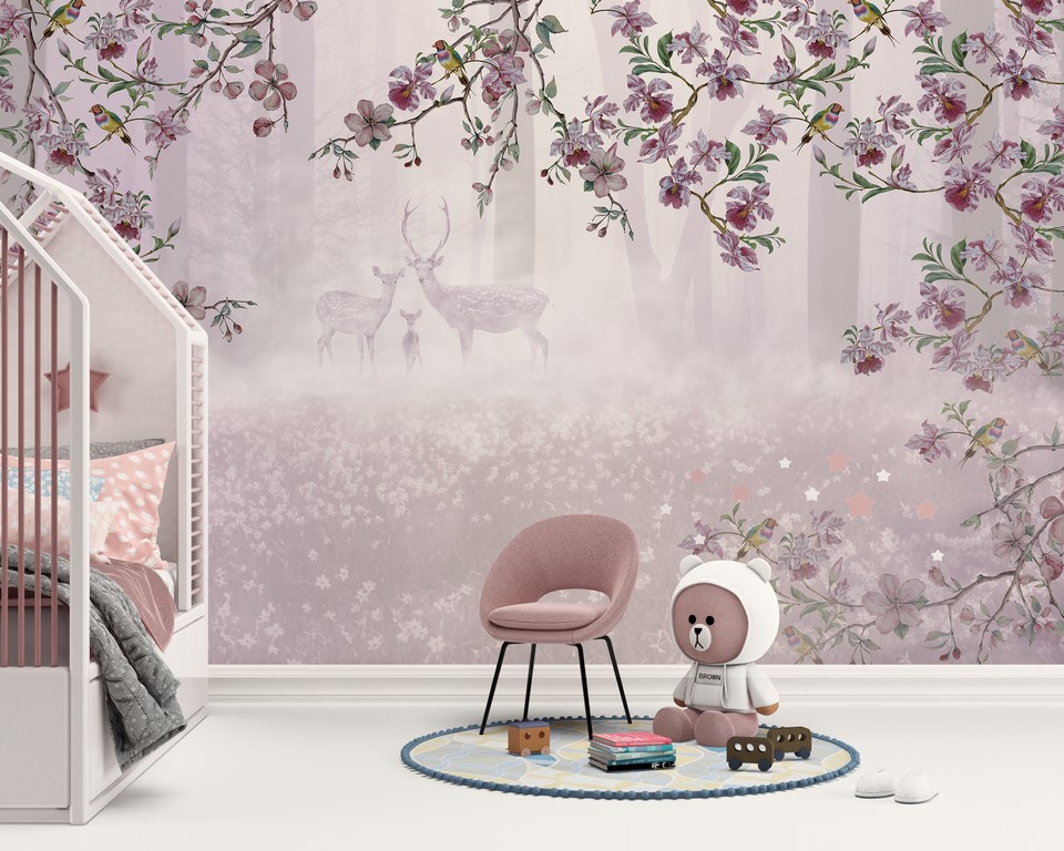Fototapete einer Hirschfamilie in Lila
